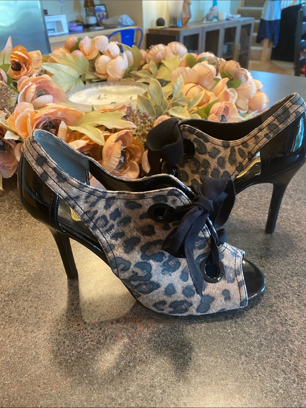 Women's Leopard Print Peep-Toe Lace-Up Heels